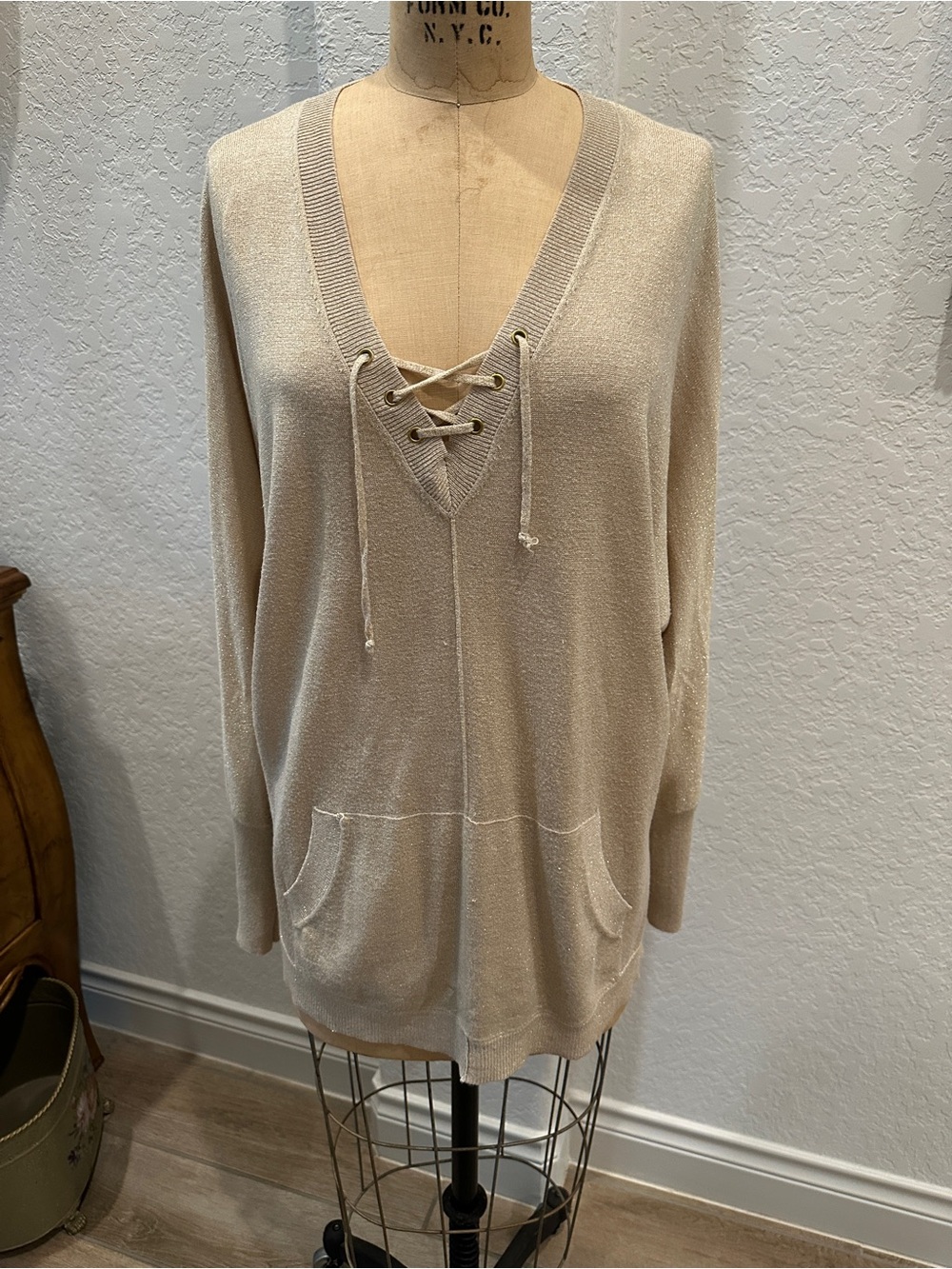 Focus 2000 Gold Lace-Up V-Neck Sweater with front pocket